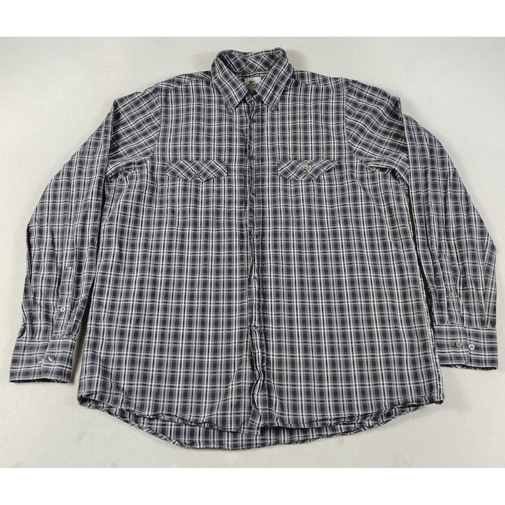 Lacoste Shirt Mens 44 Gray Plaid Long Sleeve Button Up Casual Cotton Office